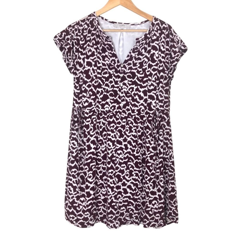 Loft Maroon Abstract Print Tie Waist Button Down Mini Swing Dress Size Small